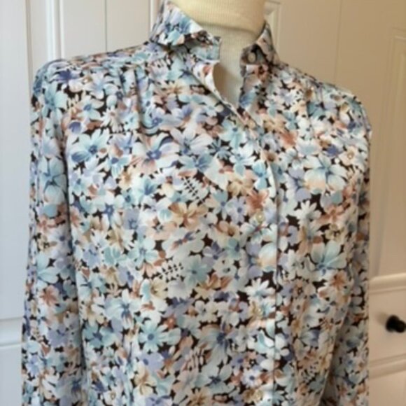 Vintage blue brown Floral Silky Blouse by Langtry - Picture 2 of 14
